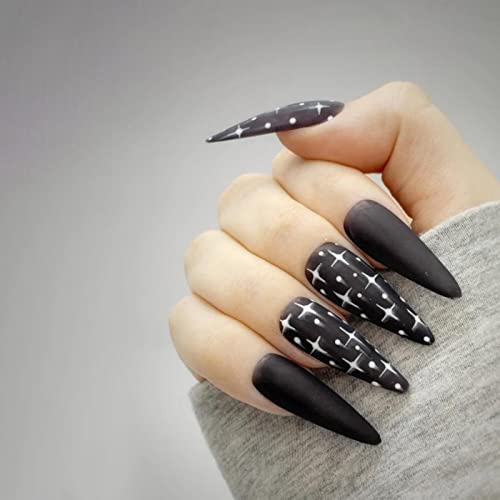 JUSTOTRY 24 Stück Stiletto Nägel Zum Aufkleben Lang mit Stars,Schwarz French Künstliche Nägel,Gothic Mandel Kunstnägel Press on Nails mit Kleber,Pretty Fingernägel Fake Nails für Frauen von JUSTOTRY