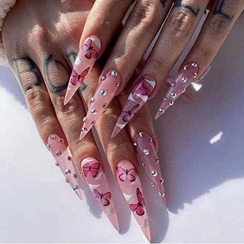 JUSTOTRY 24 Stück Stiletto-Schmetterling-Künstliche Nägel, lang, rosa, französisch, zum Aufdrücken auf Nägel, schöne Wolken-Mandel-Nägel für Frauen, künstliche Nägel, lang mit Kleber für Nagelkunst von JUSTOTRY