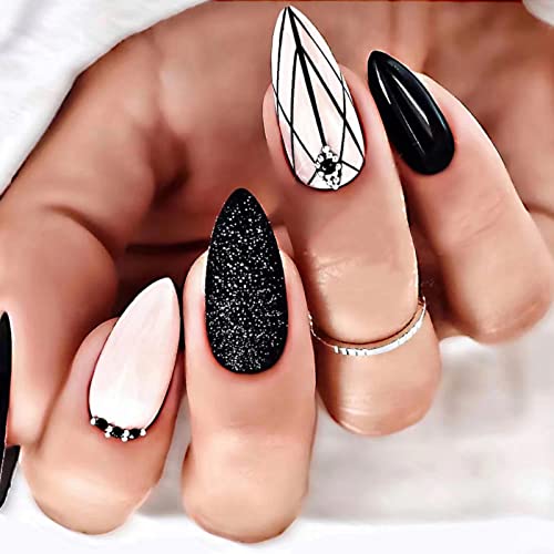 JUSTOTRY 24 Stück Striped Stiletto Nägel Zum Aufkleben Kurz,Schwarz French Künstliche Nägel,Glitzer Mandel Kunstnägel Press on Nails,Acryl Fingernägel Fake Nails Mittel für Frauen von JUSTOTRY