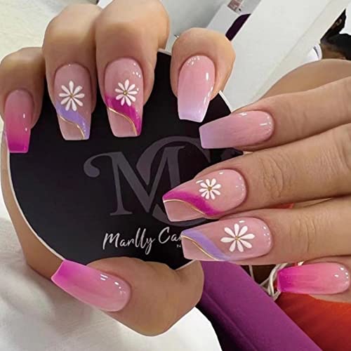 JUSTOTRY 24 Stück Swirl Fake Nails Lange, Gradient Pink Press on Nails with Flower Patterns, Pretty Ballerina Stick on Nails for Women, Acrylic Coffin Falsche Nails Medium with Glue for Nail Art von JUSTOTRY