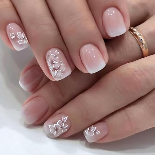 JUSTOTRY 24 Stück Weiß Eckig Nägel Zum Aufkleben Kurz mit Blumen Muster,Gradient Pink Press on Nails mit Kleber,Kunstnägel Fake Nails für Nails Art,Square French Künstliche Nägel für Frauen von JUSTOTRY