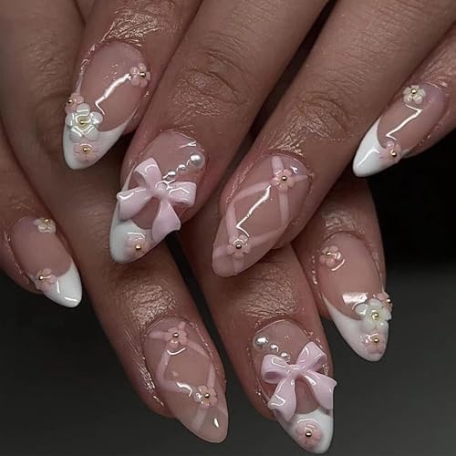 JUSTOTRY 24 Stück Weiß Nägel Zum Aufkleben Kurz,Pink Mandel Press on Nails mit Blumen und Schleife Muster,Glossy Oval Kunstnägel Fake Nails Mittel,French Fingernägel Künstliche Nägel für Frauen von JUSTOTRY