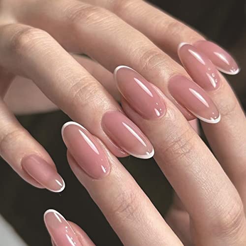 JUSTOTRY 24 Stück rosa ovale mittelgroße künstliche Nägel, weiße Linie, französisches Drücken auf Nägel, kurzes Muster, hübsche künstliche Nägel, kurz mit Nagelkleber, Mandel-Aufkleber für Frauen, Nägel für Nägel von JUSTOTRY