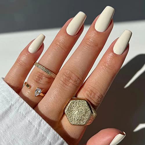 JUSTOTRY 24 Stück weiße künstliche Nägel, lang, beige, französisch, zum Aufdrücken von Nägeln, hübsche mittelgroße Ballerina-Nägel für Frauen, Kristall, künstliche Nägel mit Kleber für Nagelkunst von JUSTOTRY