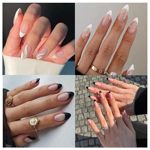 JUSTOTRY 4 Packungen (96 Stück) weiße und schwarze Mandel-falsche Nägel, kurzes Muster, günstige und langlebige französische Nägel, Glitzer-Stick auf Nägel für Frauen, Nägel von JUSTOTRY