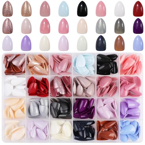 JUSTOTRY 576 Pcs Mandel Nägel Zum Aufkleben Kurz,Bunt Glitzer Press on Nails Set,Glossy Kunstnägel Fake Nails mit Nagelfeile,Oval Fingernägel Künstliche Nägel für Frauen von JUSTOTRY