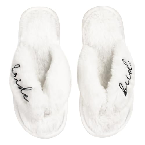 JUSTOTRY Bride to Be Hausschuhe,Weiß Team Braut Party Slippers für Jga Frauen Geschenk,Die“L”Größe Schuhe mit “BRIDE” Lettering für Junggesellenabschied Frauen Accessoires und Jga Deko von JUSTOTRY