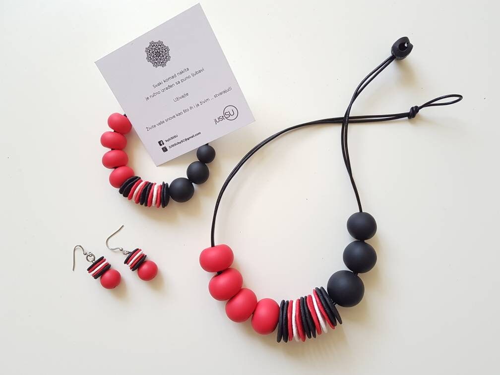 Polymer Clay Set - Bunte Halskette-Chunky Anhänger-Fimo Perlen Halskette-Schwarz Rot Halskette-Frauen Schmuck-Schmuck Set-Schmuck Für Sie von JUSTSUbySC