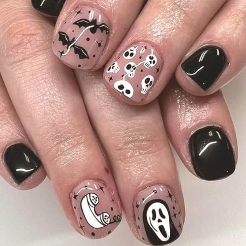 JUSTUNX 24Pcs Gespenst Bat Cobweb Halloween Nägel Schädel Falsche Nägel Nageldruck für Frauen und Mädchen (B, 1) von JUSTUSNX
