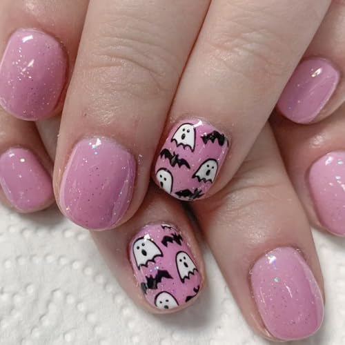 JUSTUNX 24Pcs Ghost Bat Cobweb Halloween Nägel Schädel Gefälschte Nägel Nageldruck Für Frauen Und Mädchen (A, 1) von JUSTUSNX