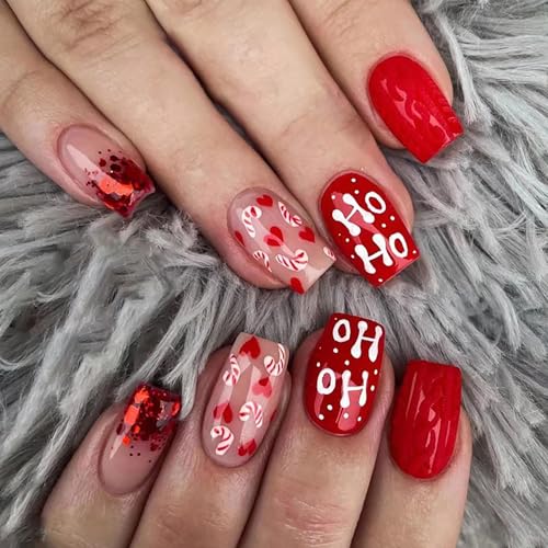 JUSTUNX 24Pcs Rot Weihnachten Falsche Nägel Schneeflocke Falsche Nägel Kurze Pailletten Nageldruck Für Frauen Und Mädchen (B) von JUSTUSNX