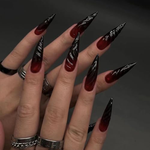 JUSTUSNX 24 Stück Dark Halloween Vampire Fake Nails Red Long Stiletto False Nails Red Blood Drops Drücken Sie auf Nägel für Frauen und Mädchen (A) von JUSTUSNX