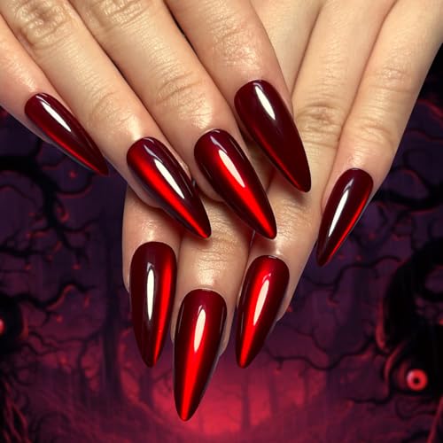 JUSTUSNX 24 Stück Dark Halloween Vampire Fake Nails Red Long Stiletto False Nails Red Blood Drops Drücken Sie auf Nägel für Frauen und Mädchen (B) von JUSTUSNX