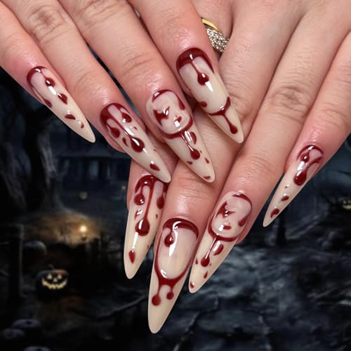 JUSTUSNX 24 Stück Dark Halloween Vampire Fake Nails Red Long Stiletto False Nails Red Blood Drops Drücken Sie auf Nägel für Frauen und Mädchen (C) von JUSTUSNX