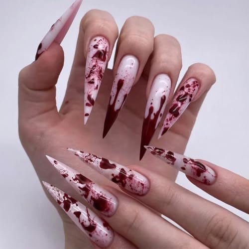 JUSTUSNX 24 Stück Dark Halloween Vampire Fake Nails Red Long Stiletto False Nails Red Blood Drops Drücken Sie auf Nägel für Frauen und Mädchen (D) von JUSTUSNX