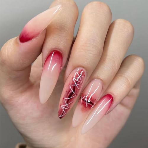 JUSTUSNX 24 Stück Dark Halloween Vampire Fake Nails Red Long Stiletto False Nails Red Blood Drops Drücken Sie auf Nägel für Frauen und Mädchen (E) von JUSTUSNX