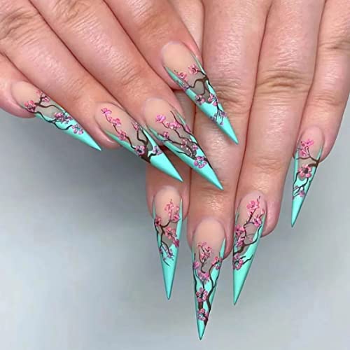 JUSTUSNX 24 Stück lange Stiletto French Fake Nails Blue Falsche Nägel Pflaumenblüte Lange Stil Pressen auf Nägel für Frauen und Mädchen von JUSTUSNX