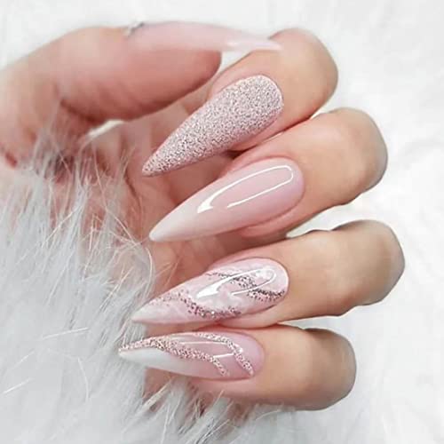 JUSTUSNX 24 Stück lange Stiletto French Fake Nails Rosa Farbverlauf Künstliche Nägel Marmor mit gewelltem Linien-Design Drücken Sie auf Nägel für Frauen und Mädchen von JUSTUSNX