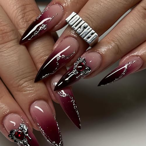 JUSTUSNX 24 Stück rote gepunktete falsche Nägel Flash dunkler Diamant falsche Nägel langer Farbverlauf Druck auf den Nägeln für Frauen und Mädchen von JUSTUSNX