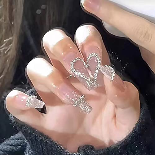 JUSTUSNX 24pcs Lange Quadratische Französische Fake Nails Nude Falsche Nägel Perle Herzförmige Kristallpresse auf Nägeln für Frauen und Mädchen (A) von JUSTUSNX