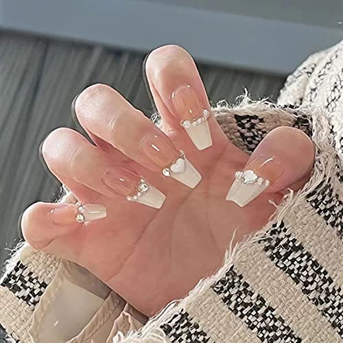 JUSTUSNX 24pcs Lange Quadratische Französische Fake Nails Nude Falsche Nägel Perle Herzförmige Kristallpresse auf Nägeln für Frauen und Mädchen (B) von JUSTUSNX