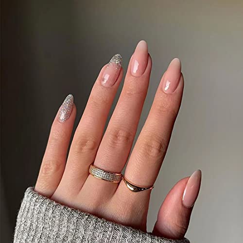 JUSTUSNX 24pcs Mandel Französisch Fake Nails Nude Falsche Nägel Silber Glitter Goldenes Herz Presse auf Nägeln für Frauen und Mädchen (C) von JUSTUSNX