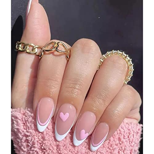 JUSTUSNX 24pcs Mandel Französisch Fake Nails Nude White Edge Falsche Nägel Rosa Perle Herz Glitter Presse auf Nägel für Frauen und Mädchen von JUSTUSNX