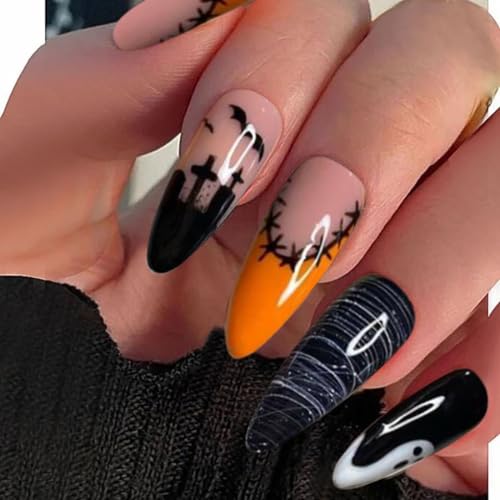 JUSTUSNX 24pcs Mandel Halloween Fake Nails Schwarz Farbverlauf Falsche Nägel Presse auf Nägel für Frauen und Mädchen (B) von JUSTUSNX