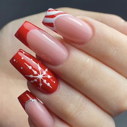 JUSTUSNX 24pcs Quadratische Weihnachten gefälschte Nägel Rot Lange Falsche Nägel Schneeflocke Presse auf Nägeln für Frauen und Mädchen (B) von JUSTUSNX