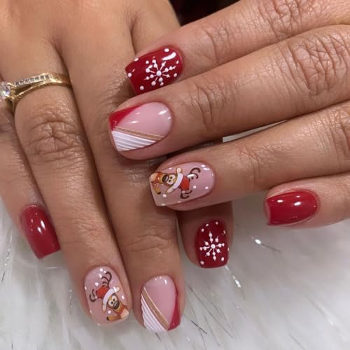 JUSTUSNX 24pcs Rote Weihnachten gefälschte Nägel Kurze falsche Nägel Schneeflocke gestreifte Presse auf Nägeln für Frauen und Mädchen (B) von JUSTUSNX