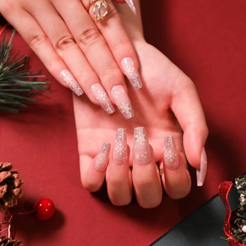 JUSTUSNX 24pcs Weihnachten Fake Nails Gradient Lange Falsche Nägel Schneeflockenpresse auf Nägeln für Frauen und Mädchen (A) von JUSTUSNX