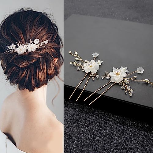 JUSTUSNX 2pcs Gold/Silber Braut Hochzeit Headpiece Perle Haar Pins Zubehör Braut Kristall Blume Haar Stücke für Frauen und Mädchen (A) von JUSTUSNX