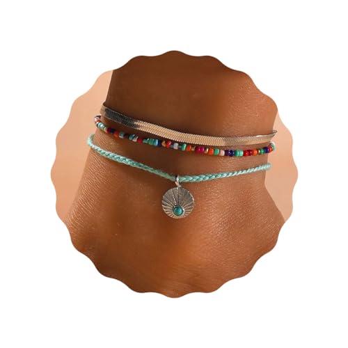 JUSTUSNX 3 Stück Boho-Fußkettchen, geschichtet, verstellbar, mit Muschel-Anhänger, Strand, Sommer, Fußschmuck, Kette für Damen und Mädchen von JUSTUSNX