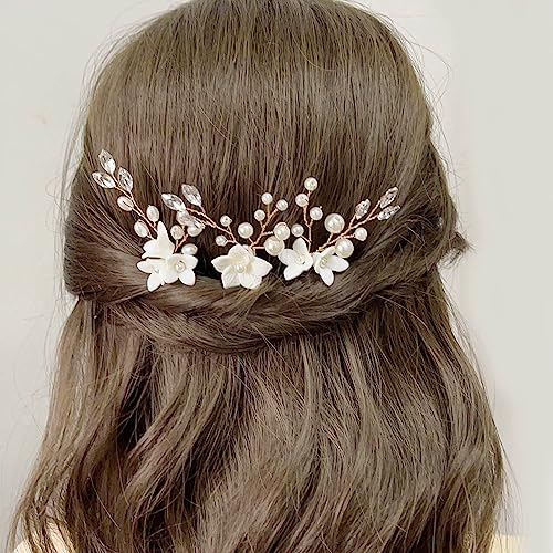 JUSTUSNX 3pcs Gold/Silber Braut Hochzeit Headpiece Perle Haar Pins Zubehör Braut Kristall Blume Haar Stücke für Frauen und Mädchen (A) von JUSTUSNX