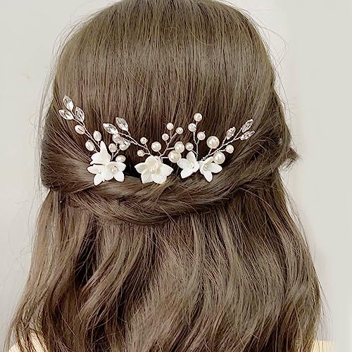 JUSTUSNX 3pcs Gold/Silber Braut Hochzeit Headpiece Perle Haar Pins Zubehör Braut Kristall Blume Haar Stücke für Frauen und Mädchen (B) von JUSTUSNX