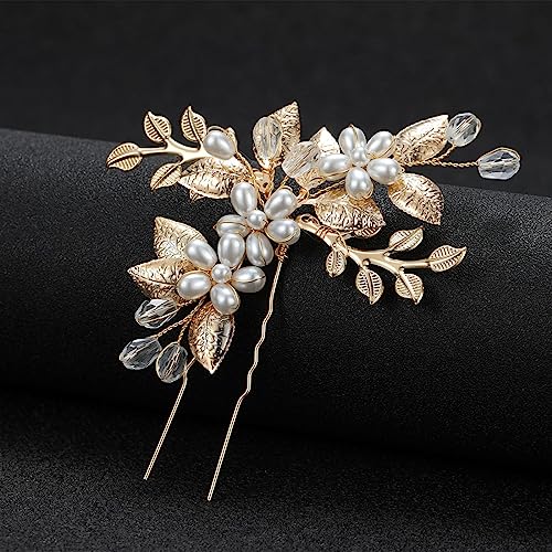 JUSTUSNX Gold/Silber Braut Hochzeit Kopfstück Perle Haar Pins Zubehör Braut Kristall Blume Haarstücke für Frauen und Mädchen (A) von JUSTUSNX