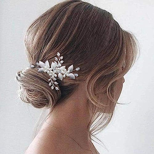 JUSTUSNX Gold/Silber Braut Hochzeit Kopfstück Perle Haar Pins Zubehör Braut Kristall Blume Haarstücke für Frauen und Mädchen (B) von JUSTUSNX