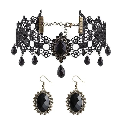JUSTUSNX Halloween Halskette Ohrringe Set Schwarz Vampir Choker Halloween Kostüm Zubehör Gothic Schmuck für Frauen, Einheitsgröße, Metall von JUSTUSNX