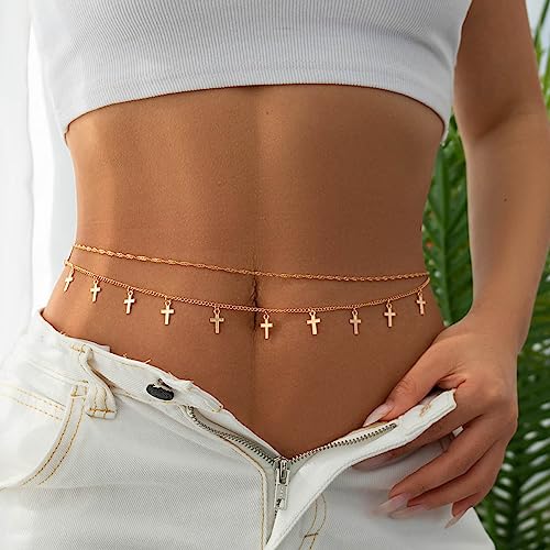 JUSTUSNX Kreuz Anhänger Taille Kette Layered Bauch Kette Sexy Magen Kette Körper Schmuck Zubehör für Frauen und Mädchen (A) von JUSTUSNX