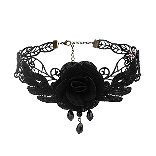 JUSTUSNX Retro Rose Blume Schlüsselbein Kette Spitze Halskette Kristall Anhänger Halskette Gothic Hohl Blume Choker Schmuck Halloween Zubehör für Frauen und Mädchen (A) von JUSTUSNX