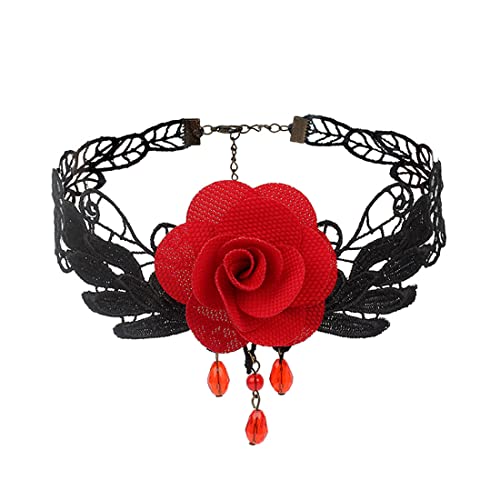 JUSTUSNX Retro Rose Blume Schlüsselbein Kette Spitze Halskette Kristall Anhänger Halskette Gothic Hohl Blume Choker Schmuck Halloween Zubehör für Frauen und Mädchen (B) von JUSTUSNX