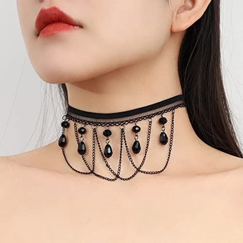 JUSTUSNX Schwarze Gothic Spitze Quasten Kristall Anhänger Choker Halskette Halloween Zubehör für Frauen und Mädchen (A) von JUSTUSNX