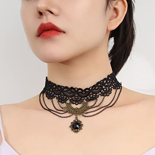 JUSTUSNX Schwarze Gothic Spitze Quasten Kristall Anhänger Choker Halskette Halloween Zubehör für Frauen und Mädchen (B) von JUSTUSNX