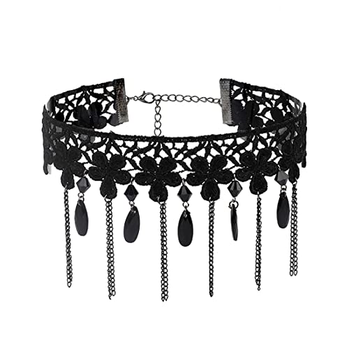 JUSTUSNX Schwarze Spitze Kragen Kette Kristall Anhänger Halskette Quaste Halskette Gothic Hohl Blume Choker Schmuck Halloween Zubehör für Frauen und Mädchen (B) von JUSTUSNX