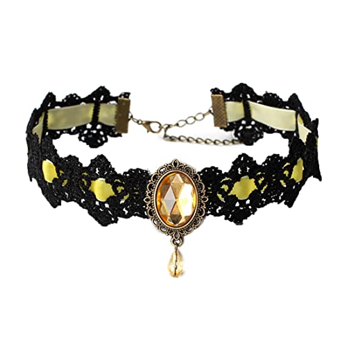 JUSTUSNX Schwarze Spitze Kragen Kette Kristall Anhänger Halskette Samt Vintage Edelstein Halskette Gothic Hohl Blume Choker Schmuck Halloween Zubehör für Frauen und Mädchen (C) von JUSTUSNX