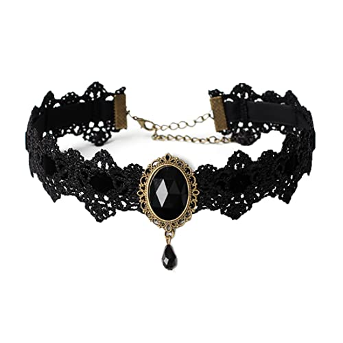 JUSTUSNX Schwarze Spitze Kragen Kette Kristall Anhänger Halskette Samt Vintage Edelstein Halskette Gothic Hohl Blume Choker Schmuck Halloween Zubehör für Frauen und Mädchen (G) von JUSTUSNX