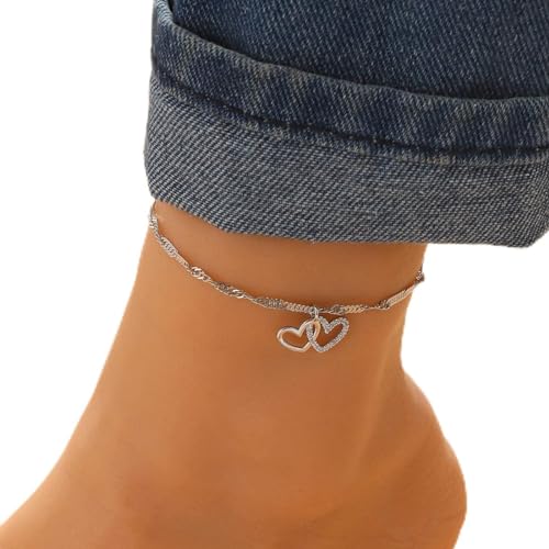 JUSTUSNX Verstellbares Fußkettchen Strass Herz Anhänger Fußkettchen Strand Sommer Fuß Schmuck Kette für Frauen und Mädchen (A) von JUSTUSNX