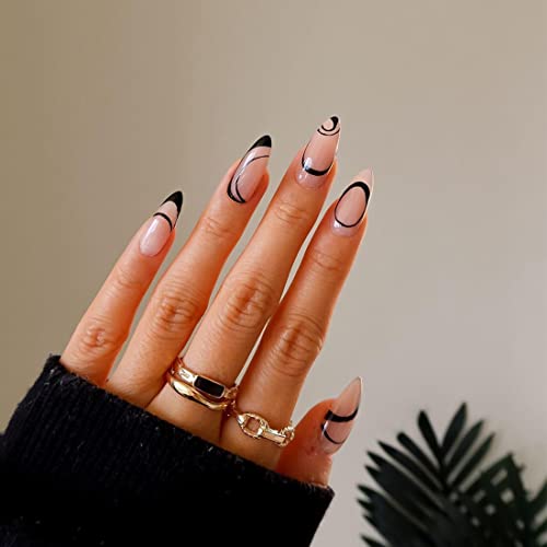 Nägel Oblique Gold Faden Nude Falsche Nägel Schwarze Linie Perlrosa Herz Weiße Kante Presse auf Nägel für Frauen und Mädchen (D) von JUSTUSNX