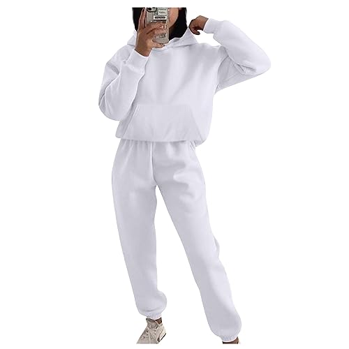 JUTOO Damen Hausanzug, Solid Colour Sportswear Sets Jogginganzug Hoodie Langarm Top Hose Sportswear Set 2 Stück Teiler Jogginsananzug Hausanzug Kuschelig Hochwertig Set (S, White) von JUTOO