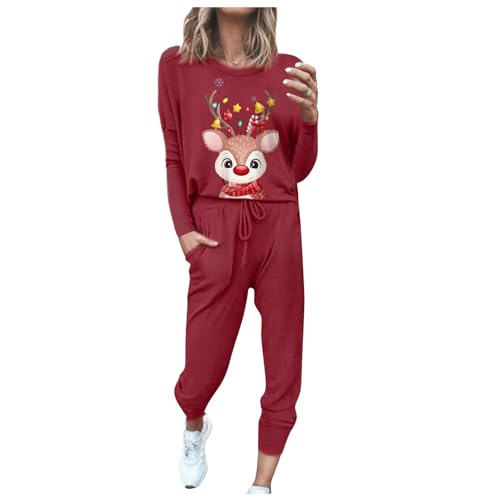 JUTOO Gym Set Damen, Weihnachtstag Sportbekleidung Anzug 2 Stück Langarm Lose Christmas Sweatshirt & Jogginghose Hausanzug Damen Kuschelig Trainingsanzug Jogginganzug Sweat Suit (L, Wine) von JUTOO